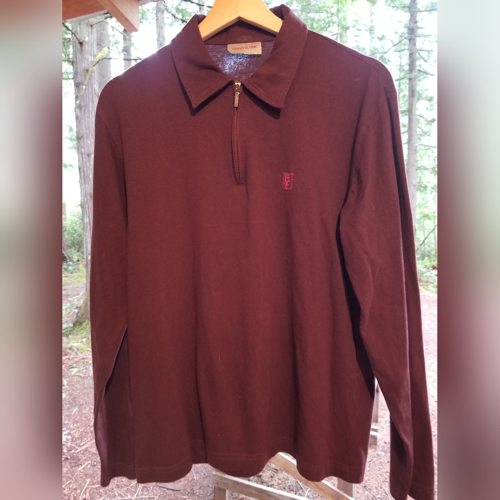 Gianni Versace Classic Long Sleeve Zip Collar T Shirt Polo Medium Burgundy Mens